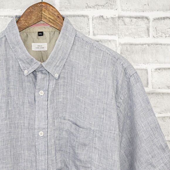 APOLIS Men's 2XL linen Short Sleeve Button Down Shirt blue stripe - Picture 2 of 6